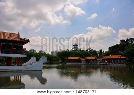 Jurong, Singapore - April 14, 2011: Pavillion and water view in Chinese Garden/Jurong Garden, one of biggest park in Singapore