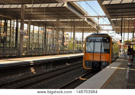 Parramatta, Australia - January 31,2009: Train at platform of Parramatta railway station,  located on the Main Western line, serving the Sydney suburb of Parramatta.