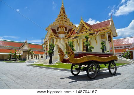 Bangkok, Thailand - August 7, 2016: Thai cart with serpents for carry casket to crematory in Debsirin temple