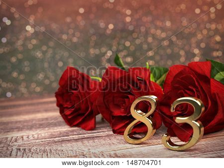 birthday concept with red roses on wooden desk. 3D render - eighty-third birthday. 83rd
