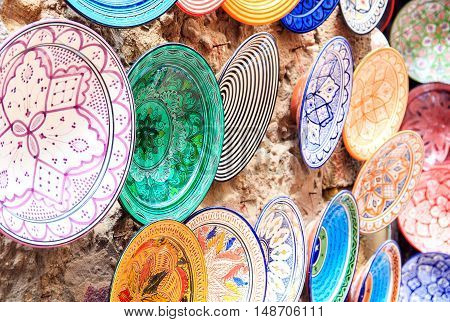Traditional colorful ceramic pottery in Essaouira Morocco
