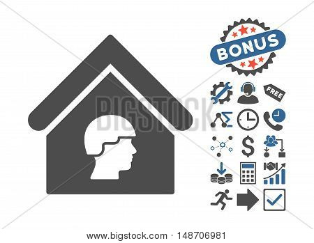 Barrack Building pictograph with bonus pictures. Vector illustration style is flat iconic bicolor symbols cobalt and gray colors white background.