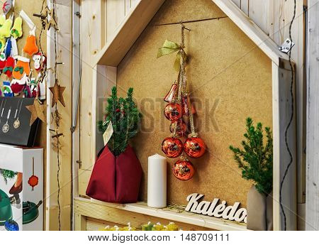 Stall With Christmas Decoration At The Christmas Market In Vilnius