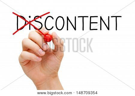 Hand turning the word Discontent into Content with red marker isolated on white.