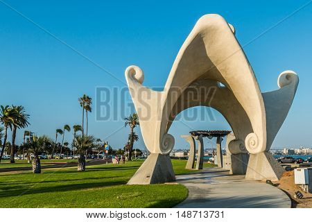 SAN DIEGO, CALIFORNIA - AUGUST 28, 2016: The James Hubbell sculpture/gazebo Pacific Portal on Shelter Island.