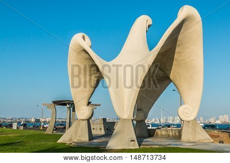 SAN DIEGO, CALIFORNIA - AUGUST 28, 2016: The Pacific Portal gazebo, a sculpture by James Hubbell on Shelter Island.