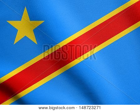 DR Congo national official flag. African patriotic symbol banner element background. Flag of Democratic Republic of the Congo waving in the wind with detailed fabric texture, illustration