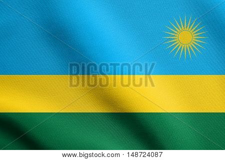 Rwandan national official flag. African patriotic symbol banner element background. Flag of Rwanda waving in the wind with detailed fabric texture, illustration