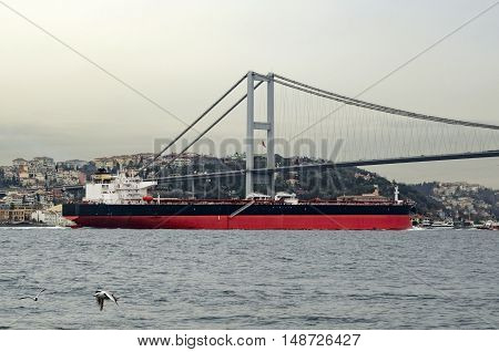 Oil Tanker ship moving on the Bosphorus Istanbul. The Bosphorus Strait is a key point for maritime transit of oil tankers Vessels