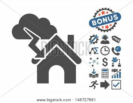 Storm Building icon with bonus design elements. Vector illustration style is flat iconic bicolor symbols, cobalt and gray colors, white background.