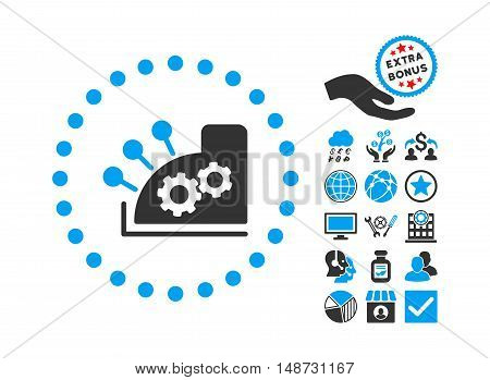 Cash Register icon with bonus clip art. Vector illustration style is flat iconic bicolor symbols, blue and gray colors, white background.