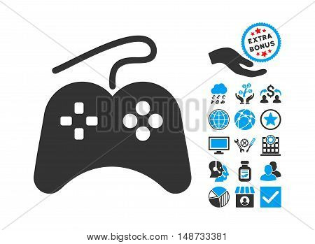 Gamepad icon with bonus pictograph collection. Vector illustration style is flat iconic bicolor symbols, blue and gray colors, white background.