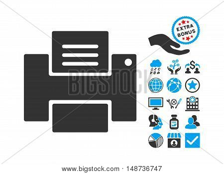 Printer pictograph with bonus images. Vector illustration style is flat iconic bicolor symbols, blue and gray colors, white background.