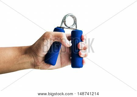 Close-up a man hand exercise by using hand gripper, isolated on white background