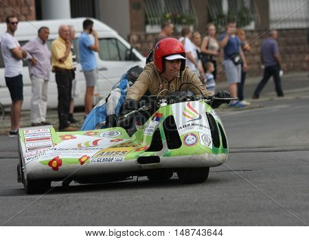 BELGRADE,SERBIA - SEPTEMBER 10, 2016: Oldtimer sidecar motorcycle at the commercial race of old cars in memory of formula 1 race held on the same place in 1939 two days after the beginning of Second World War when the famous Italian driver Tazio Nuvolari 