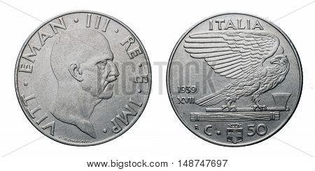 fifty 50 cents Lira acmonital Coin 1939 XVIII Empire, fascism age, fascist eagle arms on back and Vittorio Emanuele III Kingdom of Italy on front, Mint of rome