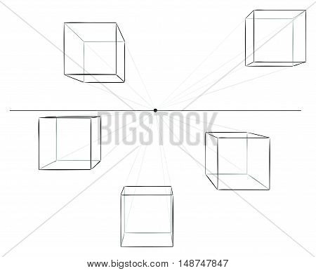 Set of five hand drawn cubes in linear perspective with one point of vanishing isolated on white