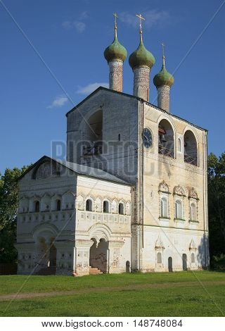 The bell tower of the ancient Boris and Gleb monastery closeup. Yaroslavl region