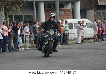 BELGRADE,SERBIA - SEPTEMBER 10 ,2016: Oldtimer motorcycle at the commercial race of old cars in memory of formula 1 race held on the same place in 1939 two days after the beginning of Second World War when the famous Italian driver Tazio Nuvolari won