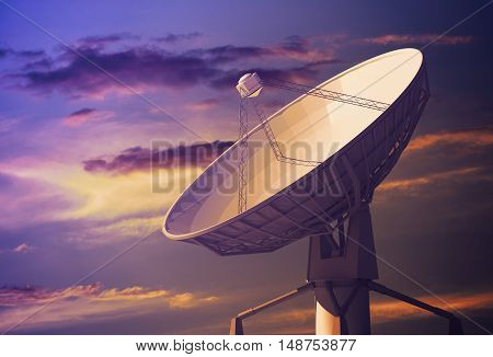 Radiotelescope Antenna at Sunset Concept 3D Illustration.