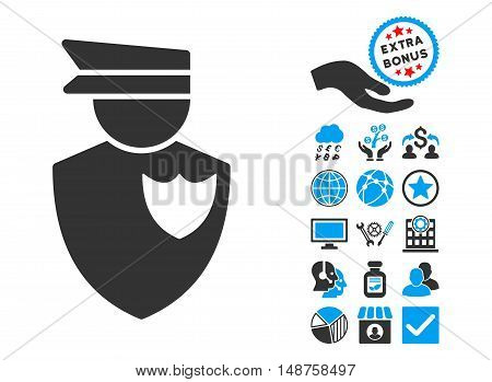 Policeman pictograph with bonus icon set. Glyph illustration style is flat iconic bicolor symbols, blue and gray colors, white background.