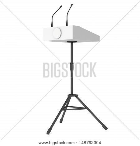 3d Speaker Podium on Tripod. White Tribune Rostrum Stand with Microphones. 3d render isolated on white background. Debate press conference concept