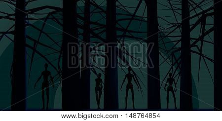 Zombie silhouettes in dark forest. Halloween theme background