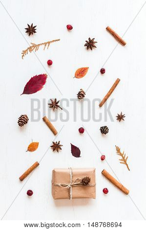 Autumn composition. Gift. Autumn pattern. Top view flat lay