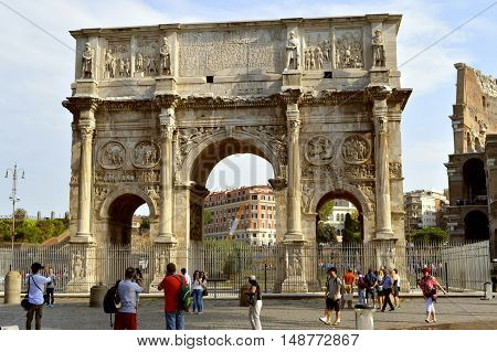 Rome Italy - September 11 2016 : The historical Arch of Constantine in Rome
