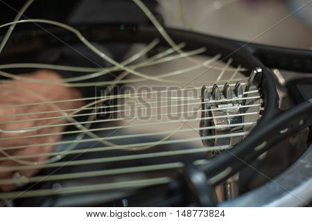 Detail Of Tennis Racket In The Stringing Machine