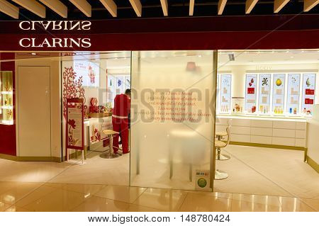 HONG KONG - CIRCA JANUARY, 2016:Clarins store in Hong Kong. Clarins, is a French luxury cosmetics company, which manufactures worldwide prestige skincare, cosmetics and fragrances.