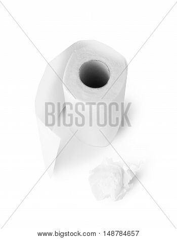 Kitchen paper towel roll and paper ball isolated on a white background. The view from the top. With clipping path