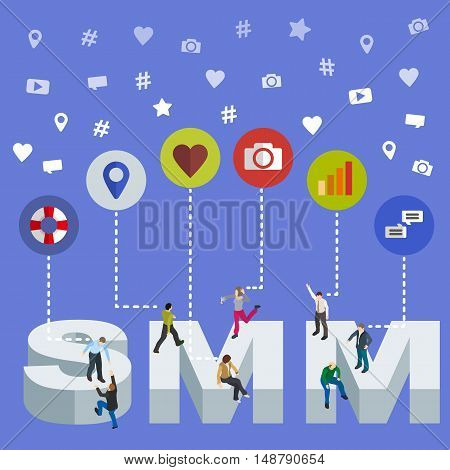Social media marketing 3d isometric concept. Isometric People. Social media web banner. Flat social icons. SMM vector illustration.