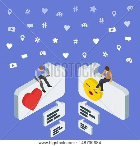Social media marketing 3d isometric concept. Online dating and chat. Isometric People sit on the dialog box. Flat social icons. Exchange messages. Community & Flirt vector illustration.