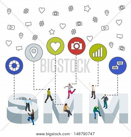 Social media web banner. Social media marketing 3d isometric concept. Isometric People. Flat social icons. SMM vector illustration.