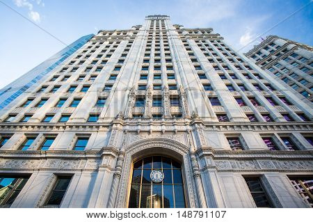 Chicago, USA - July 8, 2014: Chicago's famous Wrigley Building on Michigan Ave on a hot summer's day