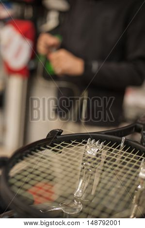 Detail Of Tennis Racket In The Stringing Machine