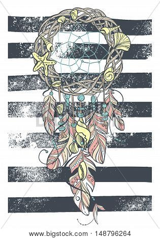 Vector Dreamcatcher Amulet of Sea Style. Native American Indian talisman with Feathers and Shells