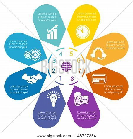 Color Arrows arranged in circle pointing inside the circle. Template for infographic numbered eight positions.