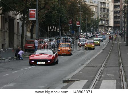 BELGRADE,SERBIA - SEPTEMBER 10, 2016:Old Fiats 500 and 750 at the commercial race of old cars in memory of formula 1 race held on the same place in 1939 two days after the beginning of Second World War when the famous Italian driver Tazio Nuvolari won
