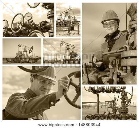 Collage consisting of pictures of oil rig wellhead man engineer near wellhead valve woman engineer repairing wellhead. Oil and gas concept. Toned.