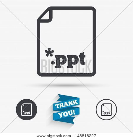 File presentation icon. Download PPT button. PPT file extension symbol. Flat icons. Buttons with icons. Thank you ribbon. Vector