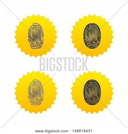 Fingerprint icons. Identification or authentication symbols. Biometric human dabs signs. Yellow stars labels with flat icons. Vector