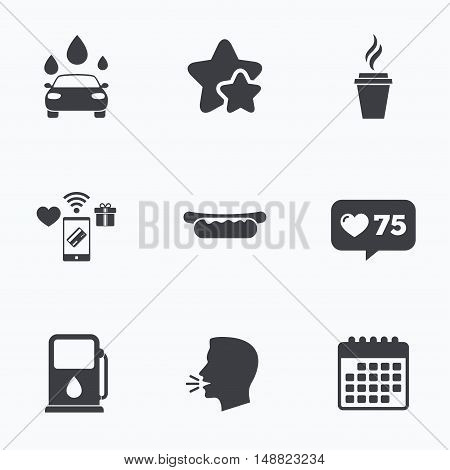 Petrol or Gas station services icons. Automated car wash signs. Hotdog sandwich and hot coffee cup symbols. Flat talking head, calendar icons. Stars, like counter icons. Vector