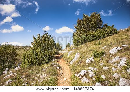 The hiking trail meanders of the river Uvac on sunny day, southwest Serbia.
