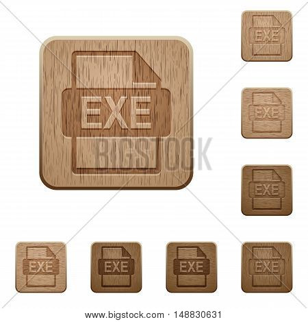 Set of carved wooden EXE file format buttons in 8 variations.