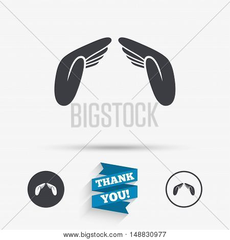 Hands protect cover sign icon. Insurance symbol. Human helping palms. Flat icons. Buttons with icons. Thank you ribbon. Vector