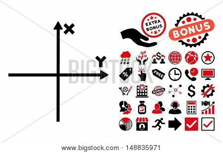 Cartesian Axes pictograph with bonus icon set. Vector illustration style is flat iconic bicolor symbols, intensive red and black colors, white background.