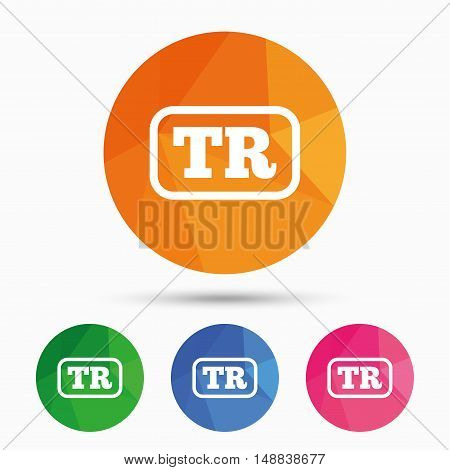 Turkish language sign icon. TR Turkey translation symbol with frame. Triangular low poly button with flat icon. Vector