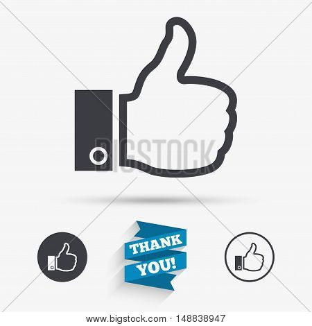 Like sign icon. Thumb up sign. Hand finger up symbol. Flat icons. Buttons with icons. Thank you ribbon. Vector